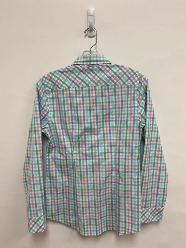 Vineyard Vines Size 4 White Blue/Pink Checkered Button Up Ladies Top