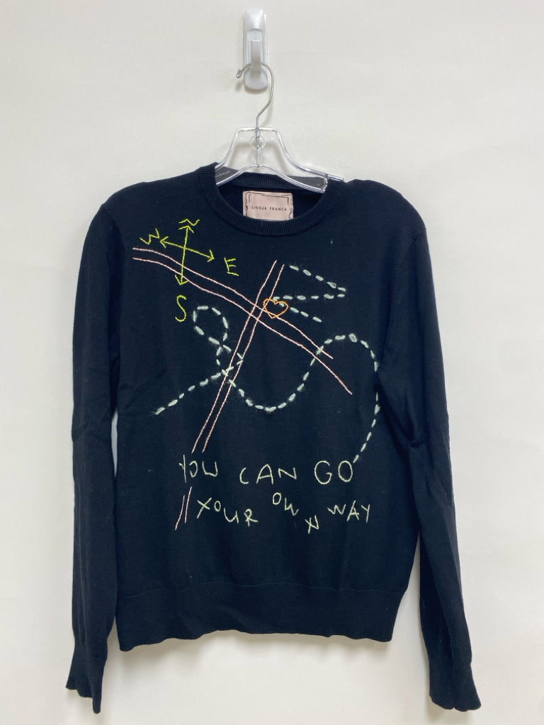 LINGUA FRANCA Size M Black Multi Color Words Embroidered Ladies Sweater