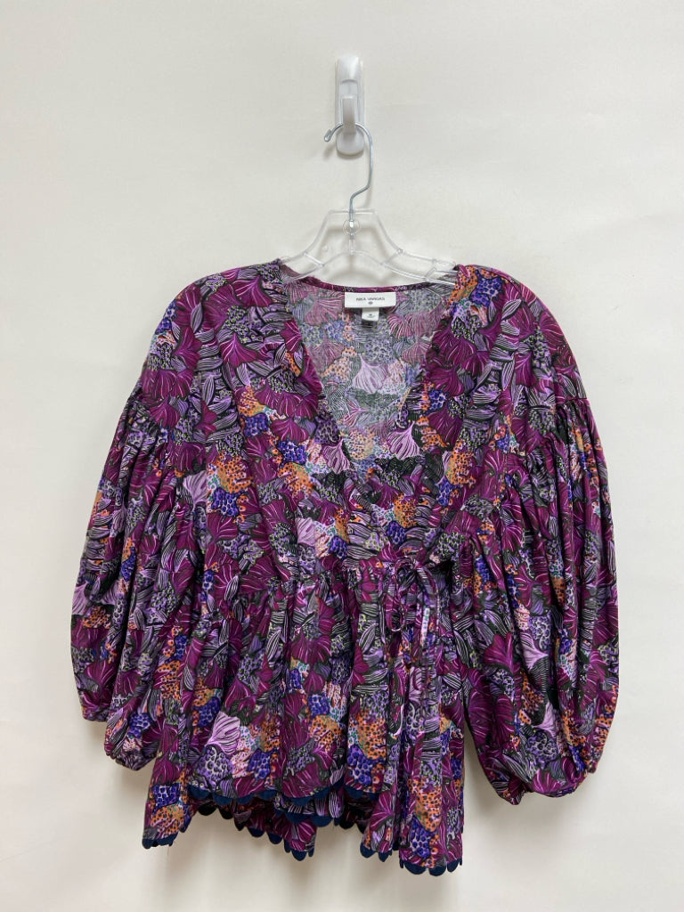 Size M Purple Lavender/Orange Floral Puff Sleeve Ladies Top