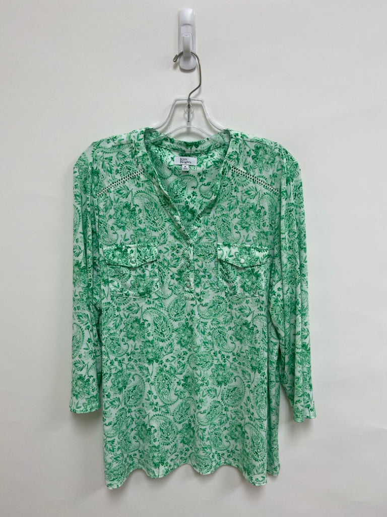 Kim Rogers Size XL White Green Paisley 3/4 Sleeve Ladies Top