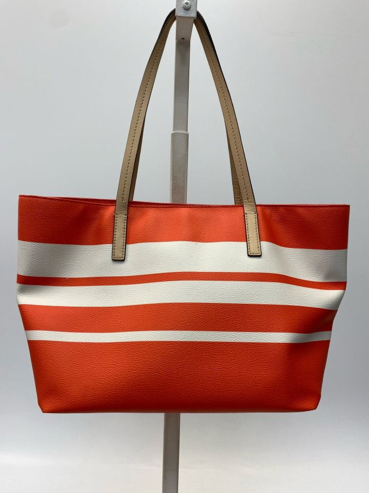 Kate Spade Orange White Stripe(s) Leather Tote Bag
