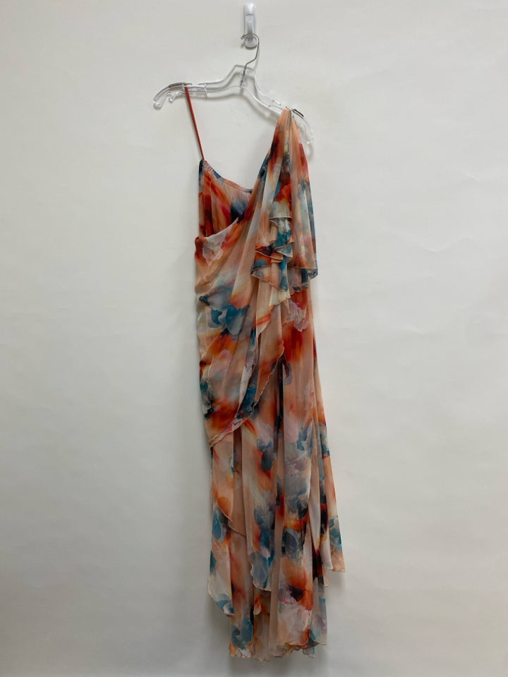 Size S Peach Turquoise/Multi Ruffles Maxi Sheer Ladies Dress