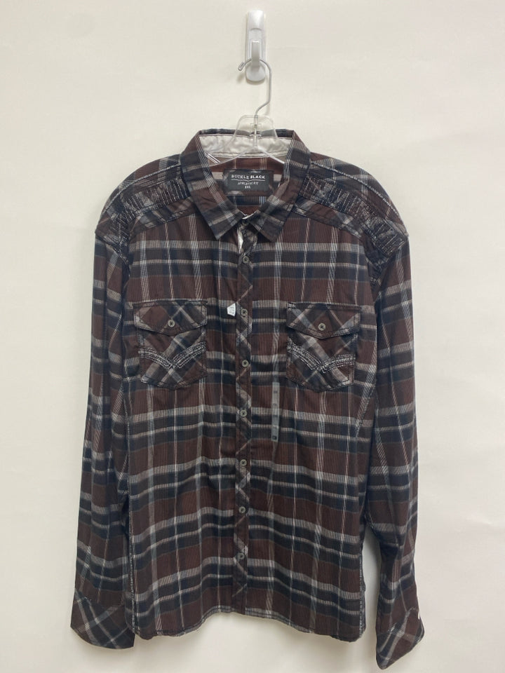 NWT Buckle Size 2X Espresso Black/Gray Plaid Button Down Men&
