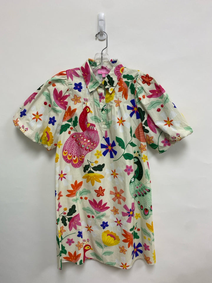 Size S Cream/Red Pink/Multi Peacock Puff Sleeve Ladies Dress