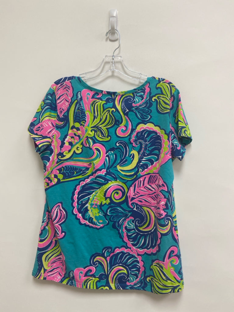 LILLY PULITZER Size XL Turquoise Pink/Green Tropical V Neck Ladies Top