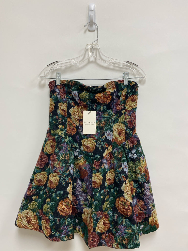 NWT Promesa Size S Black Multi Color Floral Strapless Tapestry Ladies Dress