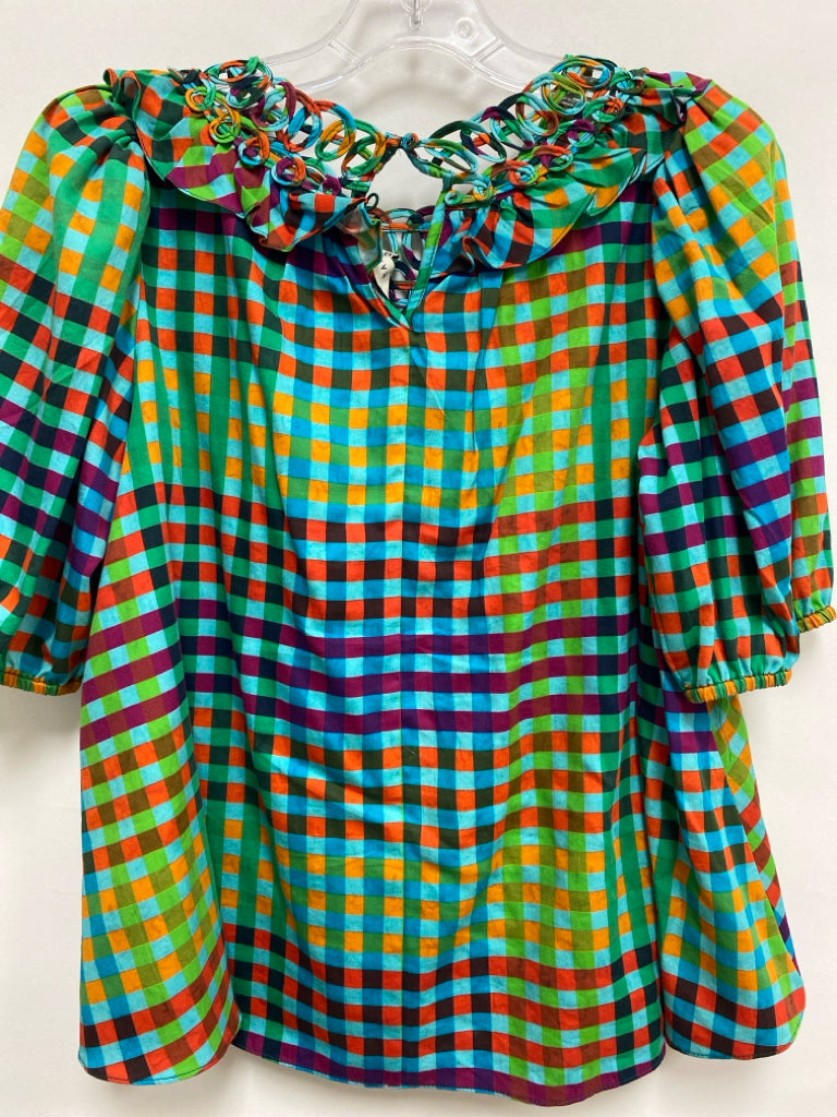 RANNA GILL Size XS Green/Blue Orange/Purple Checkered Puff Sleeve Ladies Top