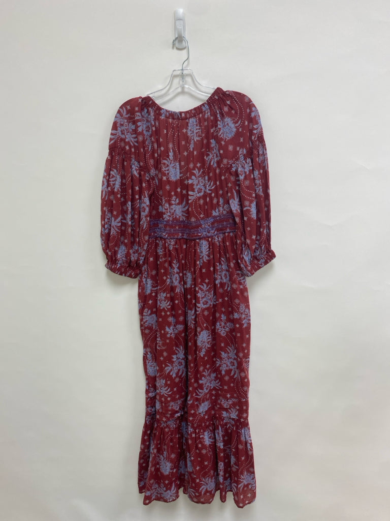 Free People Size S Dark Red Dark Periwinkle Floral Puff Sleeve Ladies Dress