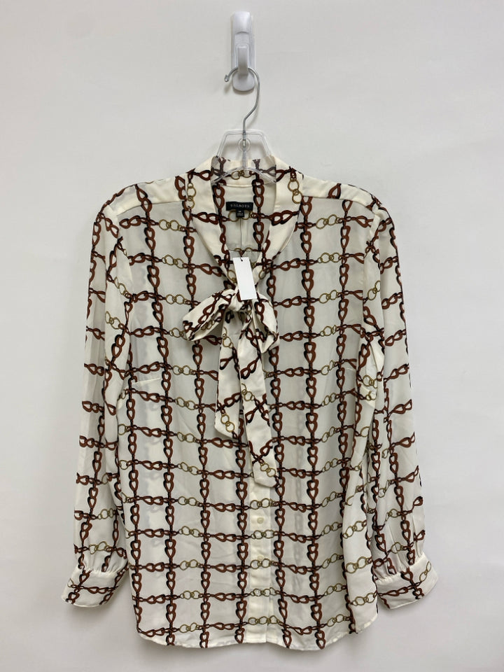 NWT Talbots Size M Cream Brown/Gold Chainlink Print Button Up Ladies Top