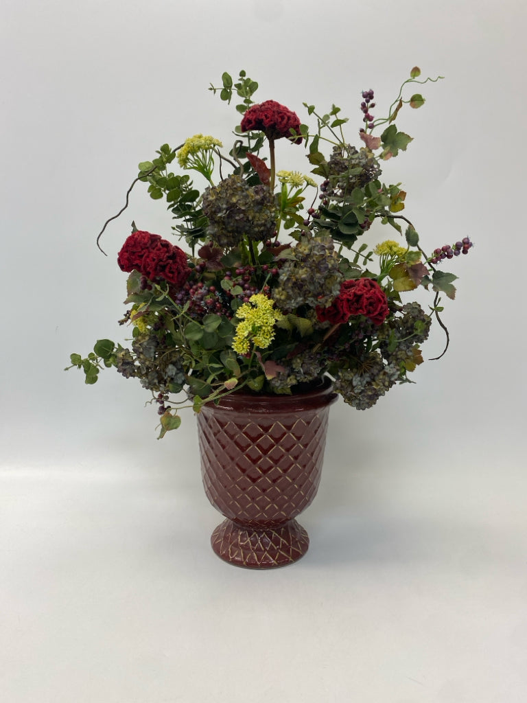 Burgundy Green/Cream Diamond Print Ceramic Floral Arrangement