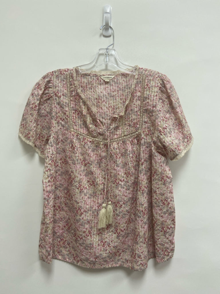 Lucky Brand Size L Cream/Pink Gray Flowers V Neck Ladies Top