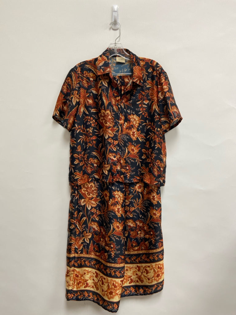 Elie Tahari Size M Black/Orange Tan Flowers Ladies 2pc Pajamas