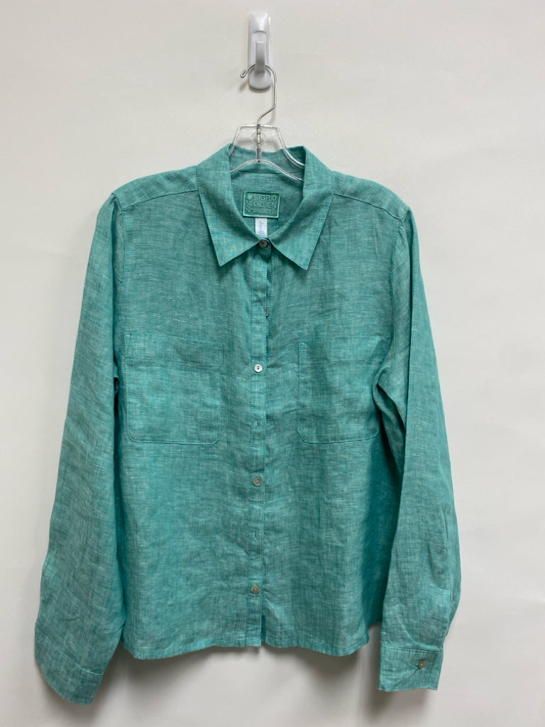Sigrid Olsen Size L Aqua Button Down Linen Ladies Top