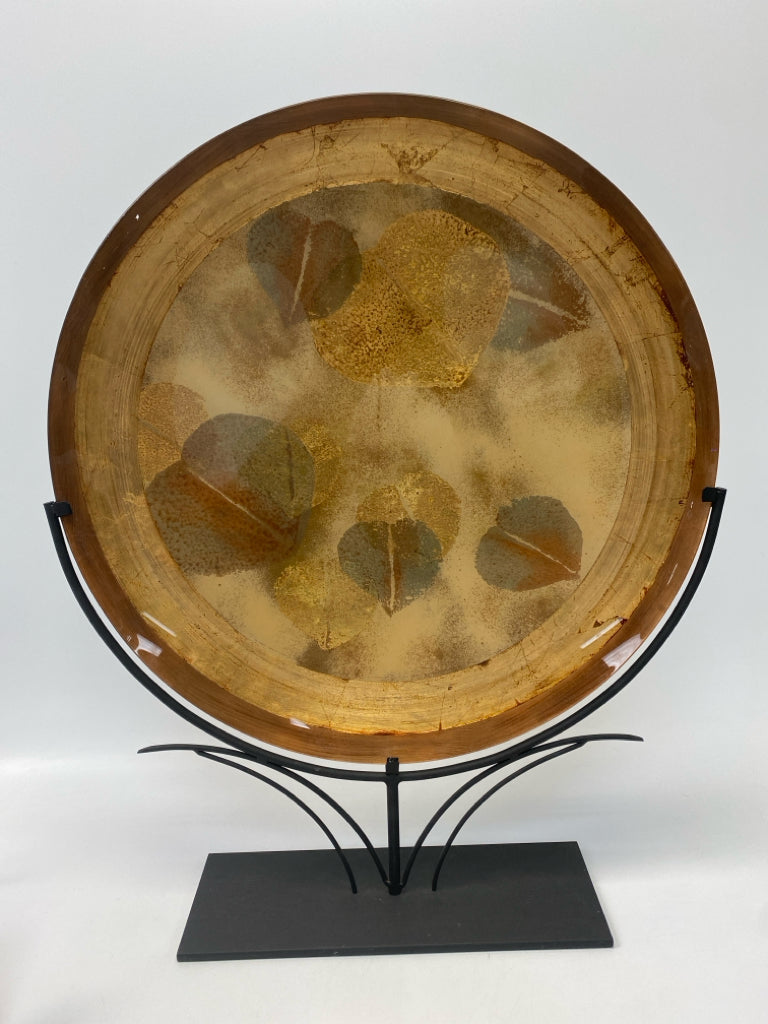 Gold Tan/Green Leaves Glass/Metal Decorative Plate