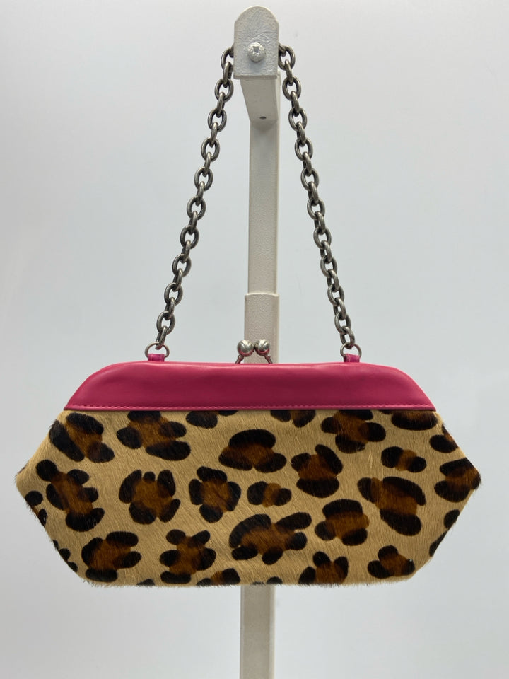 Nicole Miller Tan/Brown Pink Animal Print Chain Handbag