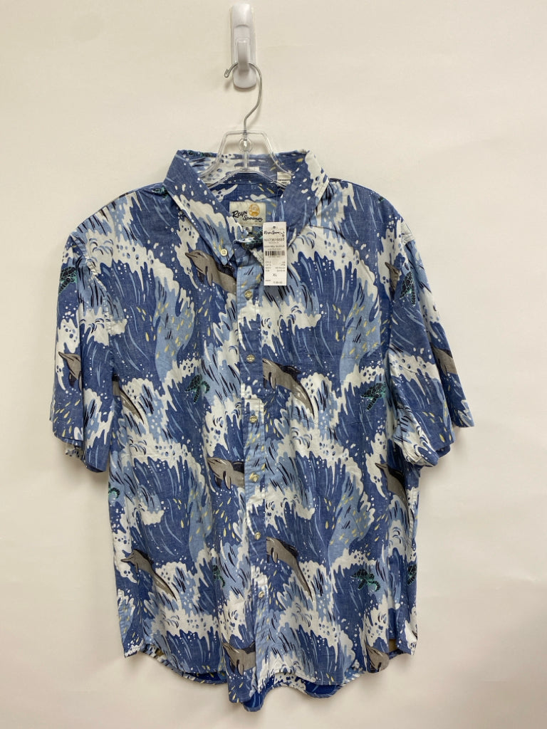 NWT Size XL Blue/Cream Aqua/Gray Waves Button Up Men&