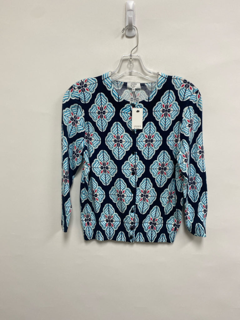 NWT Crown &amp; Ivy Size MP White Navy/Aqua Print Petite Sweater