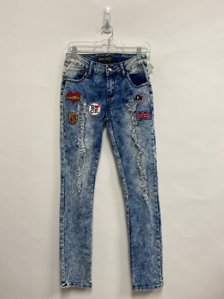 Size 7/8 Blue Red Distressed Denim Ladies Jeans
