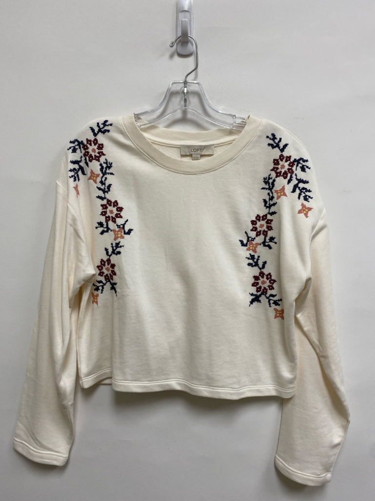 LOFT Size XS Cream Burgundy/Navy Embroidered Long Sleeve Ladies Top