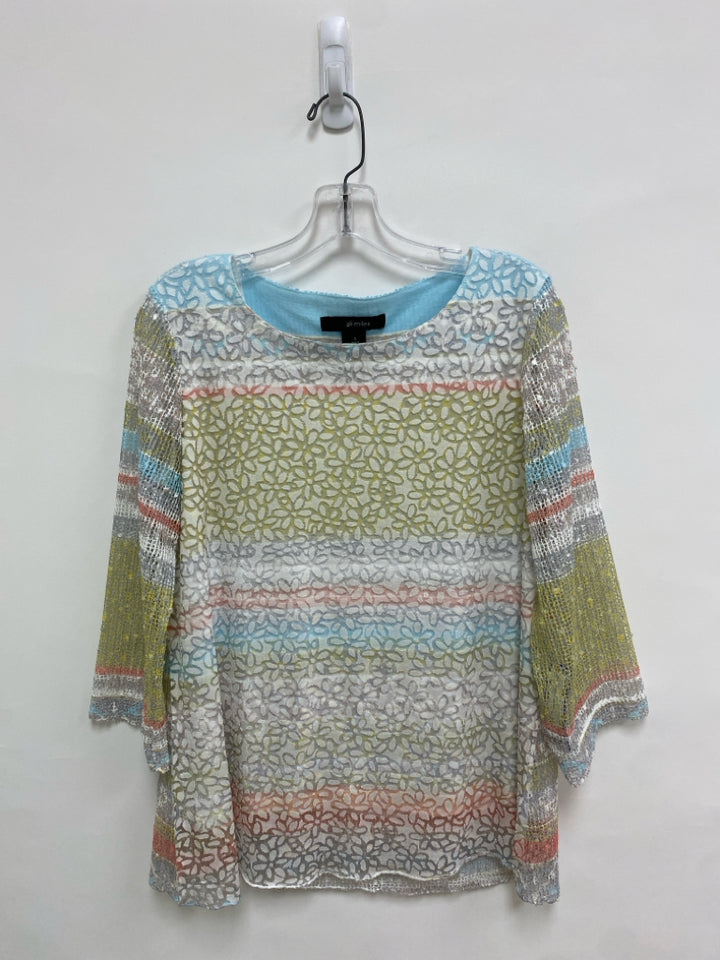 Ali Miles Size S Aqua/White Coral/Yellow Texture Tunic Ladies Top