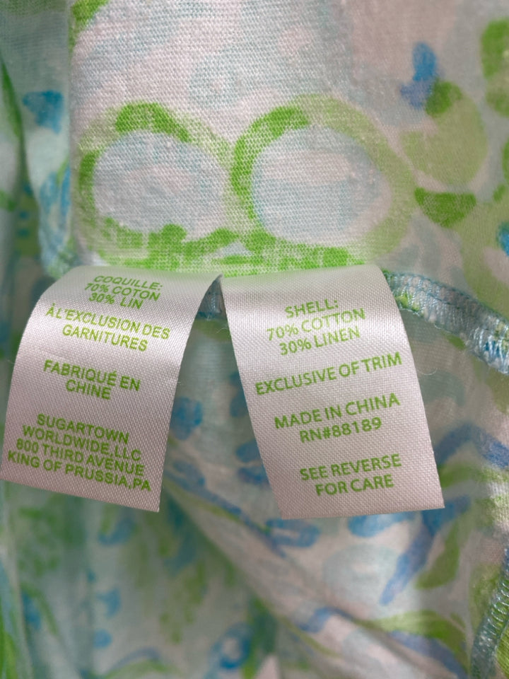 LILLY PULITZER Size L Blue/White Green Pom Poms V Neck Ladies Dress