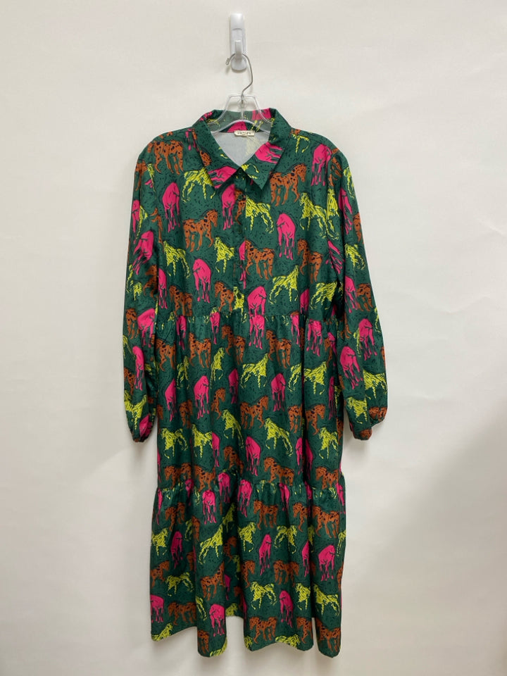 Jodifl Size XL Green/Yellow Pink/Brown Horses Long Sleeve Ladies Dress