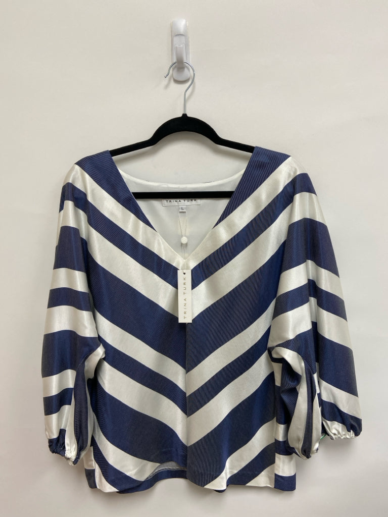 NWT Trina Turk Size L White/Navy Stripes Puff Sleeve Ladies Top