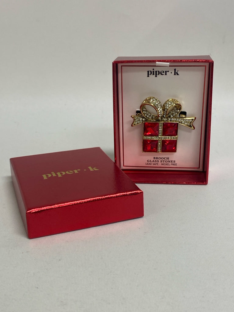 NEW/BOX Piper K Red/Gold Clear Jeweled Brooch