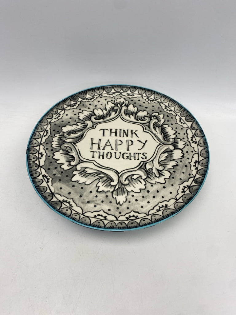 Anthropologie Black/White Turquoise Words Ceramic Cake Plate/Stand