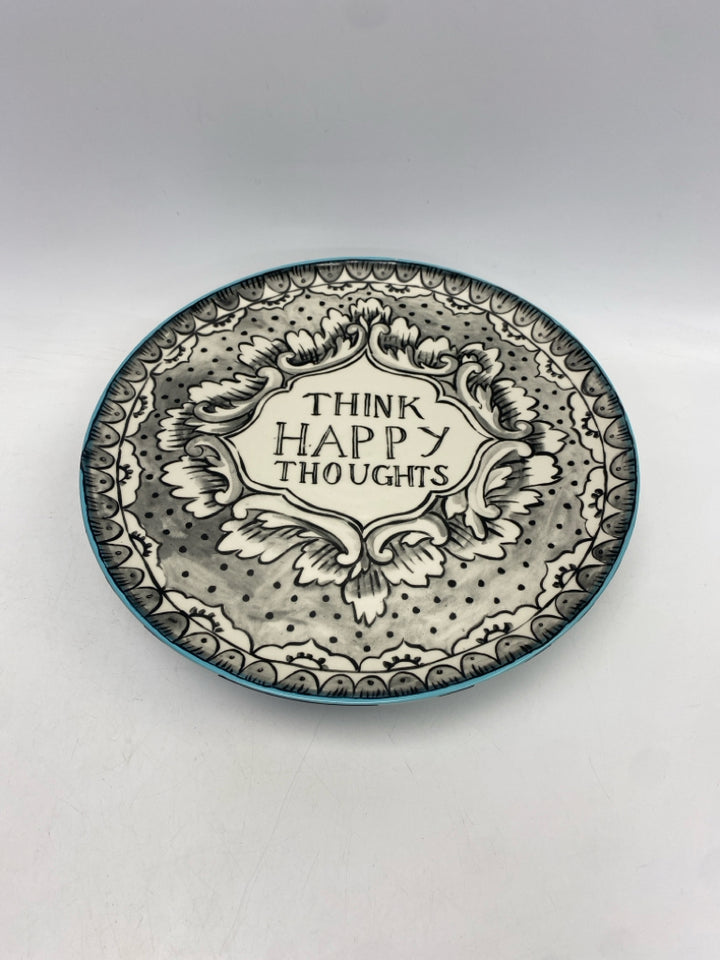 Anthropologie Black/White Turquoise Words Ceramic Cake Plate/Stand