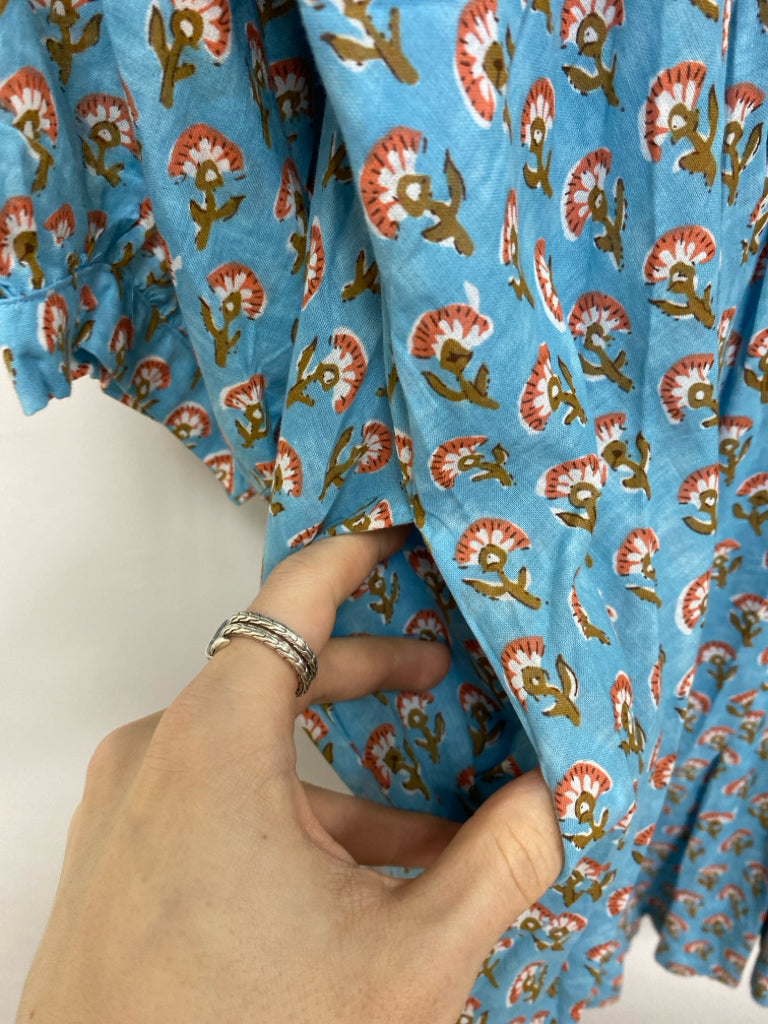 NWT GiGiO Size M Blue/Cream Coral/Brown Flowers Puff Sleeve Ladies Dress