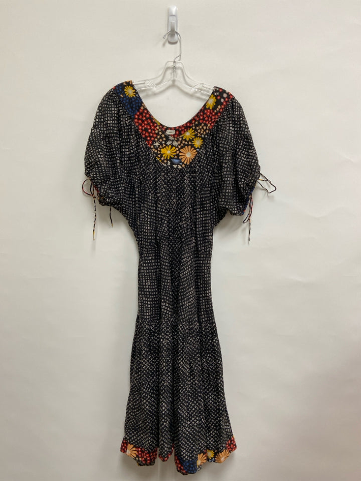 Warm Size L Dark Brown Cream/Multi Flowers Tiered Ladies Dress