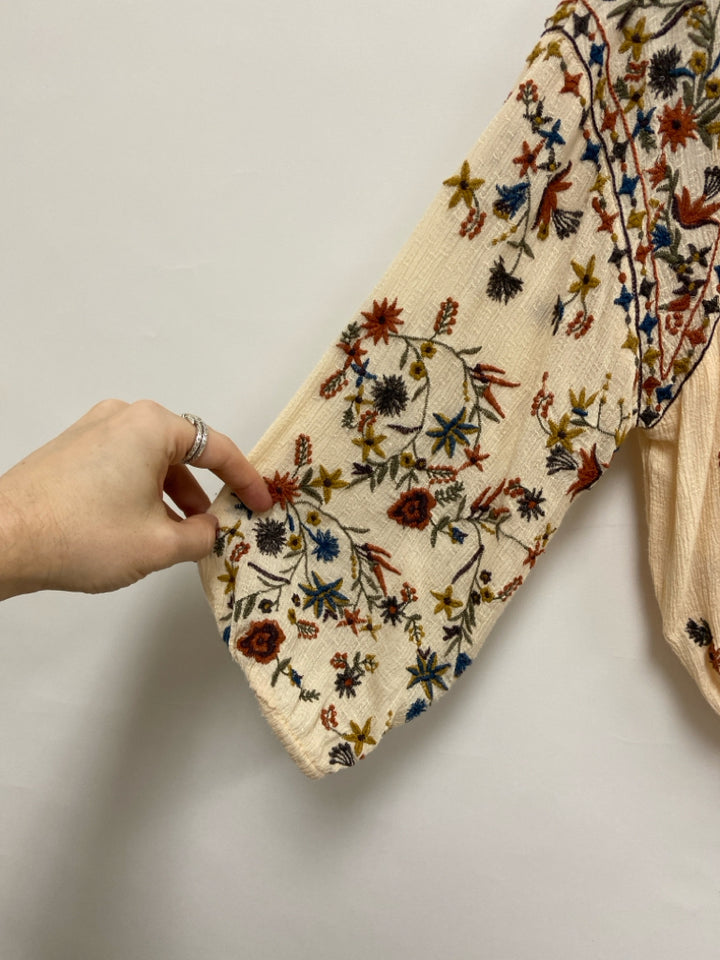 Free People Size M Cream Olive/Brown Embroidered Ladies Top