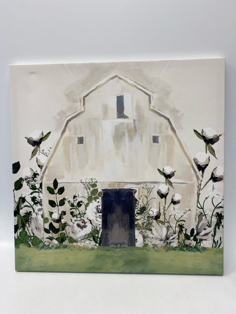 White Green/Cream Farm Canvas Art