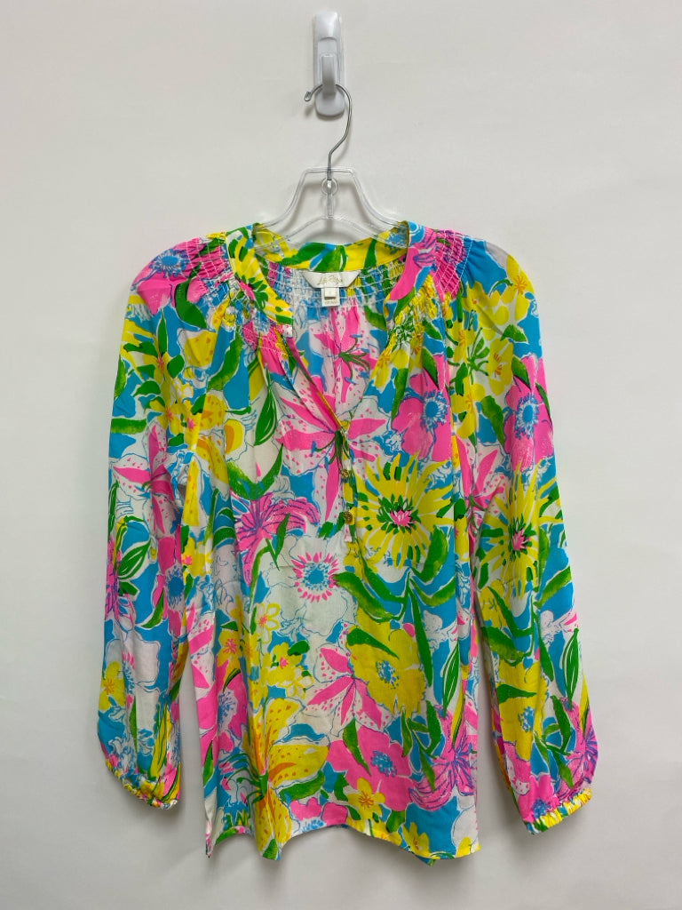 LILLY PULITZER Size S Yellow Blue/Multi Flowers Silk Ladies Top