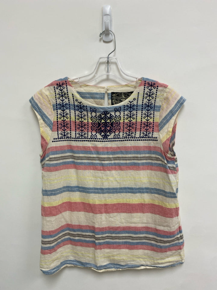 Size M Cream/Red Blue/Yellow Stripes Linen Blend Ladies Top