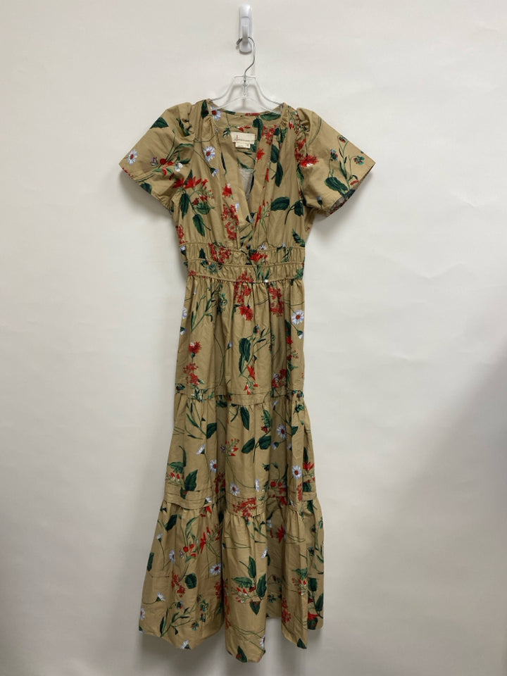 Anthropologie Size XS Beige Red/Green Flowers Maxi Ladies Dress