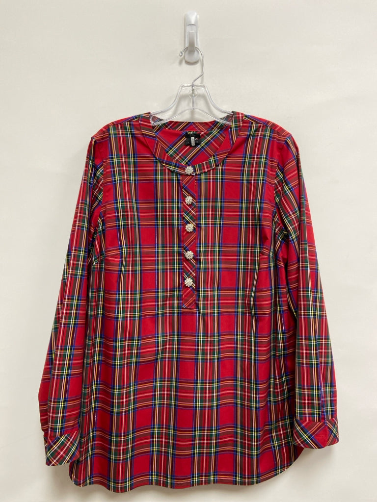 Talbots Size L Red/Green Blue/Multi Plaid Quarter Button Ladies Top