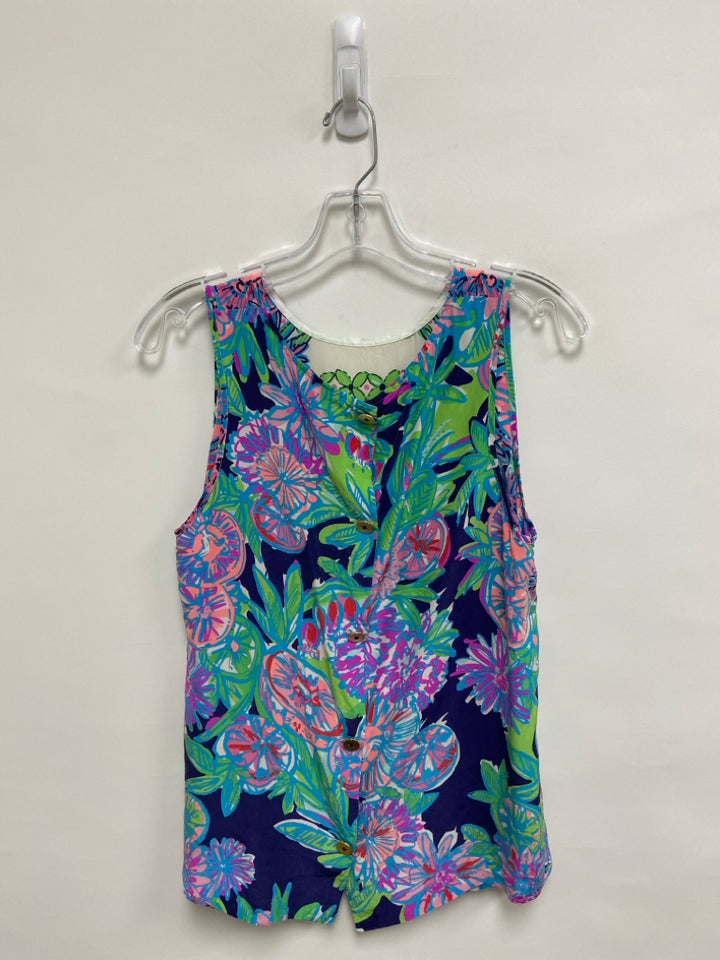 LILLY PULITZER Size L Blue Pink/White Floral Sleeveless Silk Ladies Top