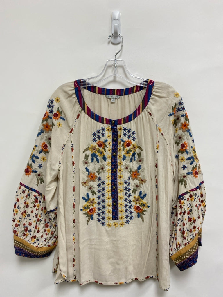 JOHN MARK Size L Cream Multi Color Embroidered Ladies Top