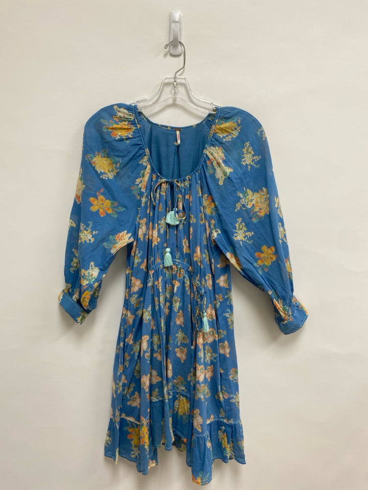 Free People Size XS Blue Yellow/Cream Flowers Puff Sleeve Ladies Dress