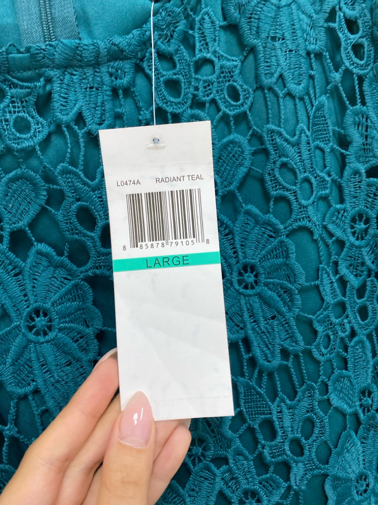 NWT Nina Leonard Size L Dark Teal Blue Flowers Lace Ladies Dress