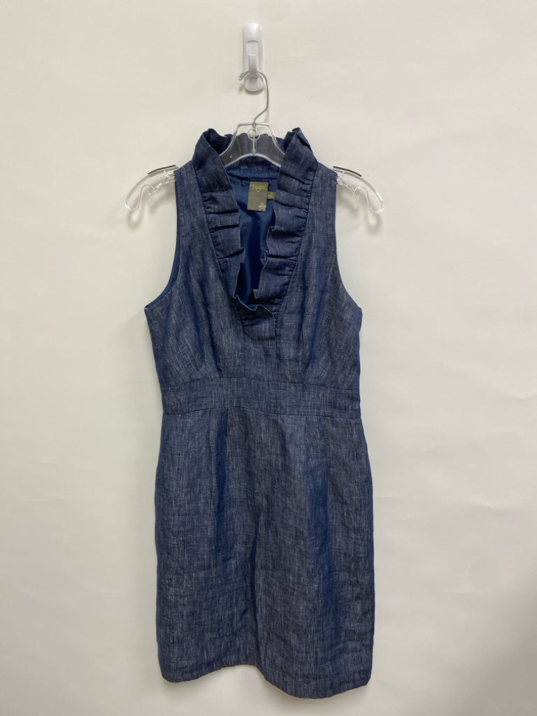 Taylor Size 6 Navy/White Heather Ruffles Sleeveless Linen Ladies Dress