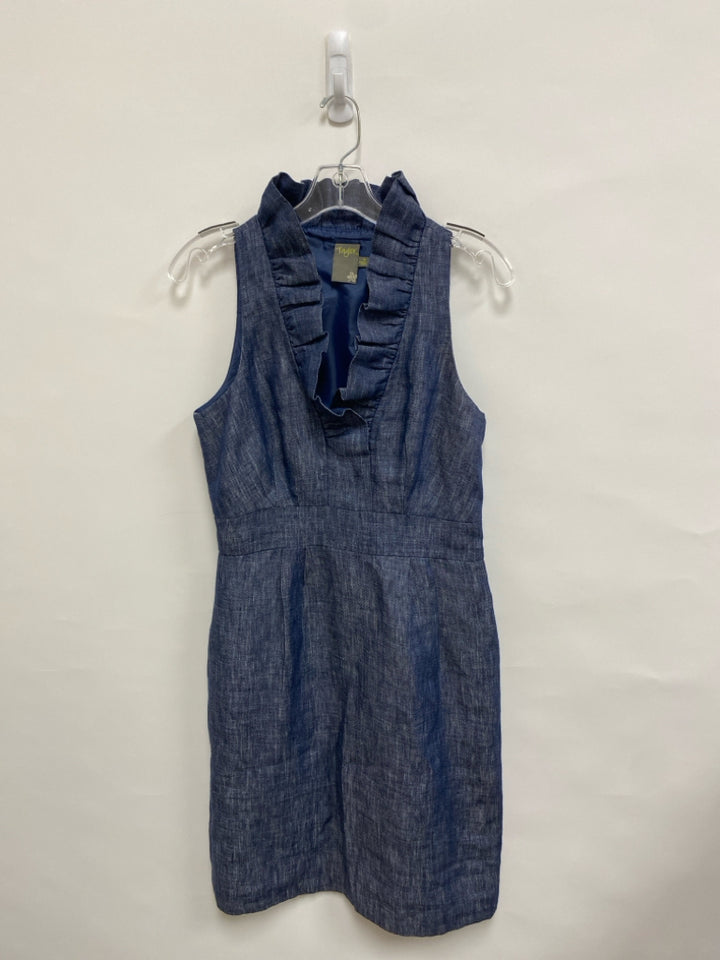Taylor Size 6 Navy/White Heather Ruffles Sleeveless Linen Ladies Dress