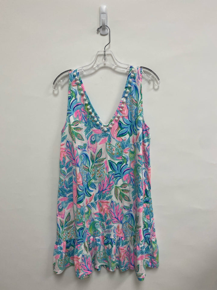 LILLY PULITZER Size L Aqua Pink/Green Tropical Sleeveless Ladies Dress