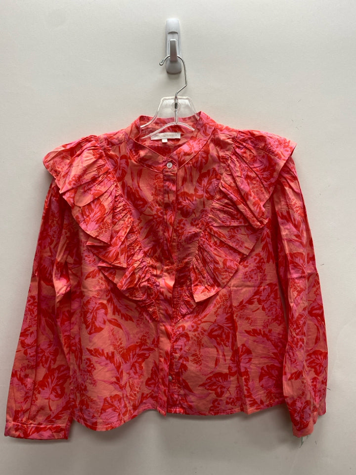 OLIVACEOUS Size S Red/Pink Coral Ruffles Button Up Ladies Top