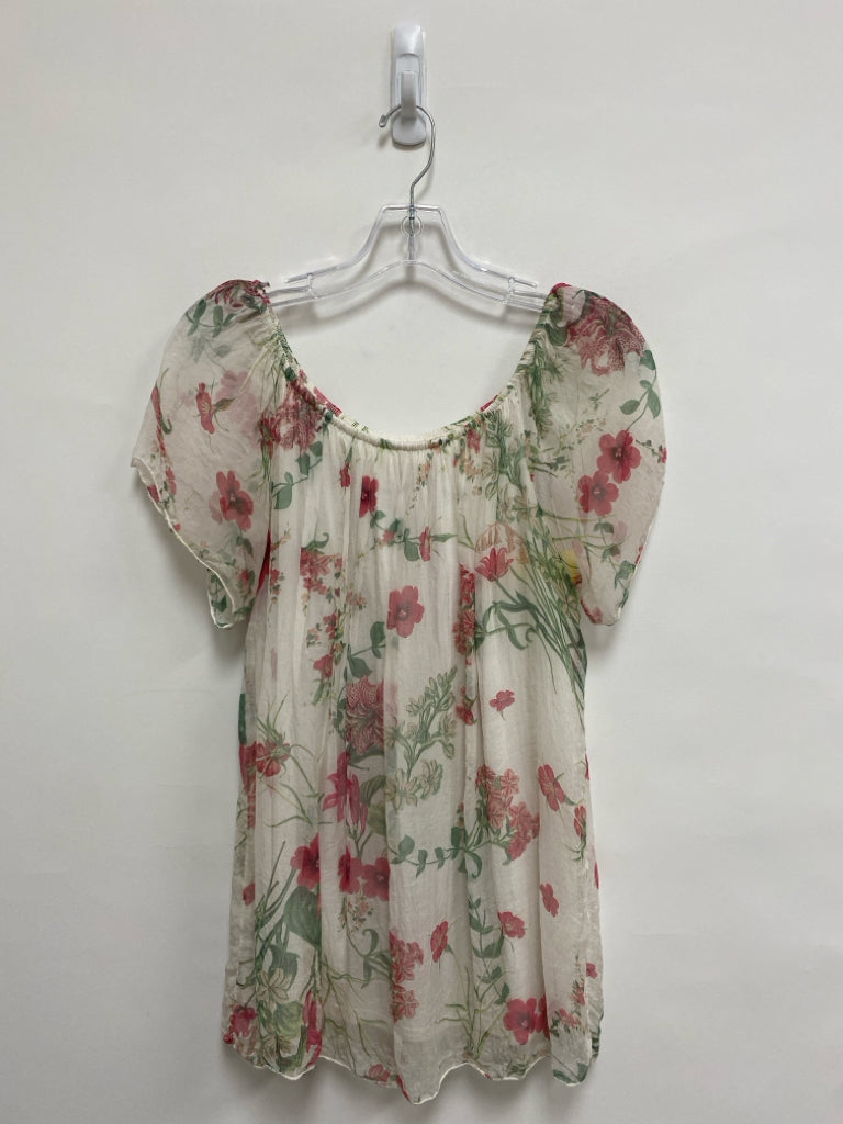Size M Cream Red/Green Flowers Sheer Ladies Top