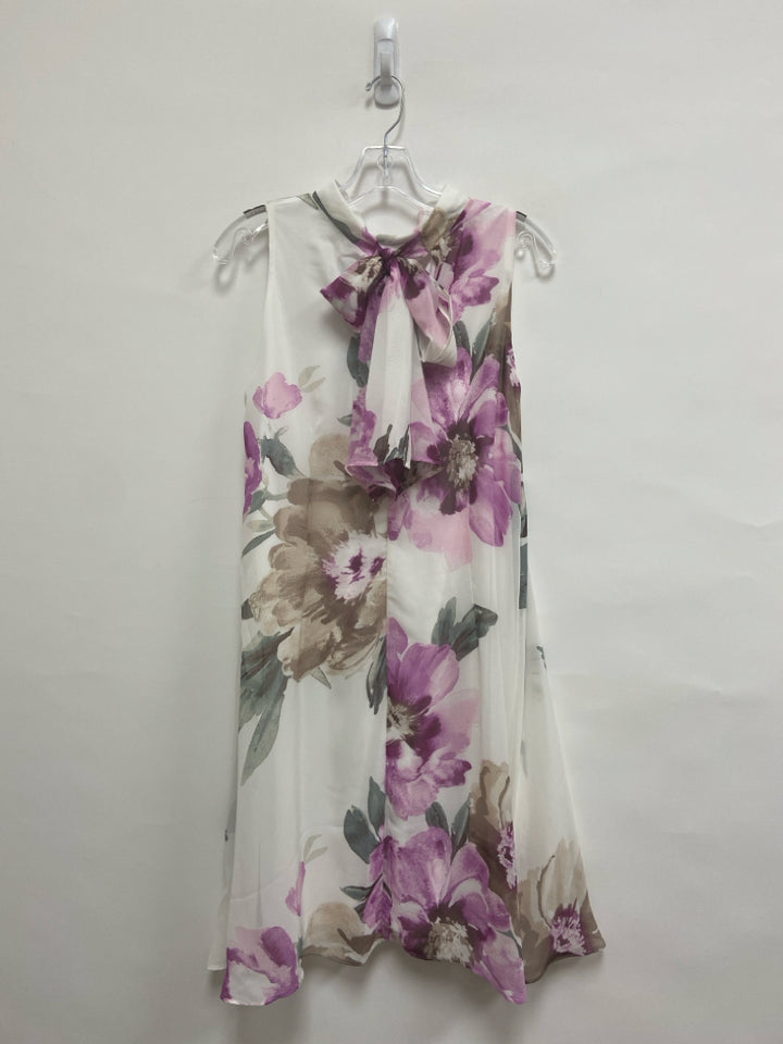 ROBBIE BEE Size 12 White/Brown Magenta Flowers Sleeveless Ladies Dress