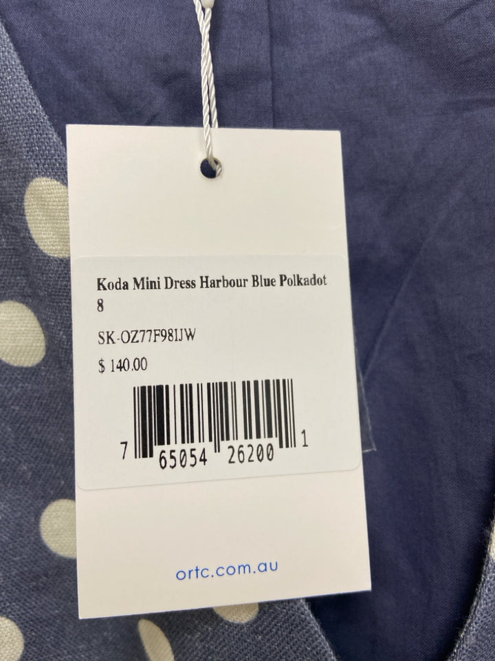 NWT Size 8 Dark Blue White Polka Dot Sleeveless Linen Ladies Dress