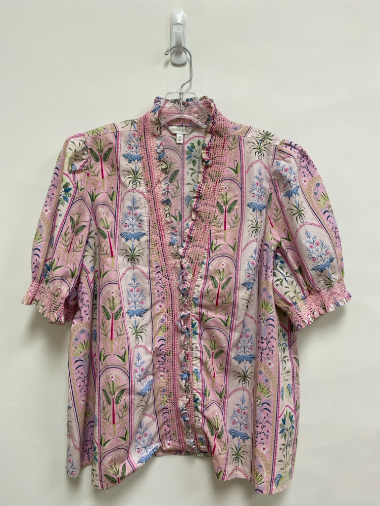 Crown &amp; Ivy Size XL Pink/White Navy/Green Smocking Ladies Top
